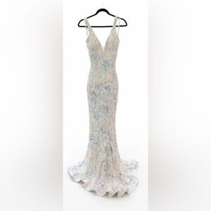 Jovani NWT Size 2 08257 White Purple Iridescent Floal Sequined Prom Gown